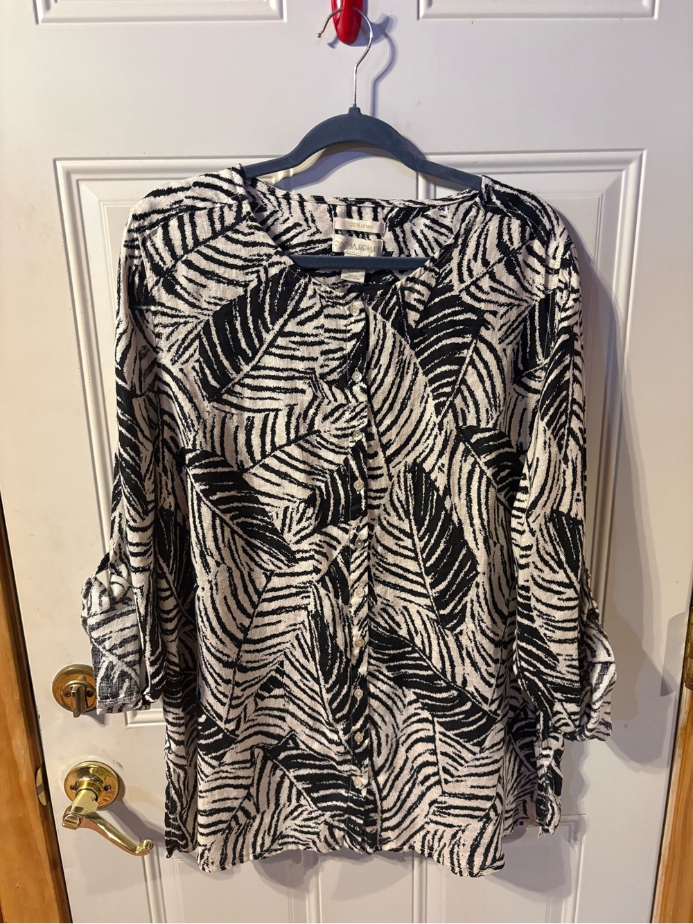 Cynthia Rowley Black & Cream Abstract Print Button-Up Blouse 100% Linen Size 2X